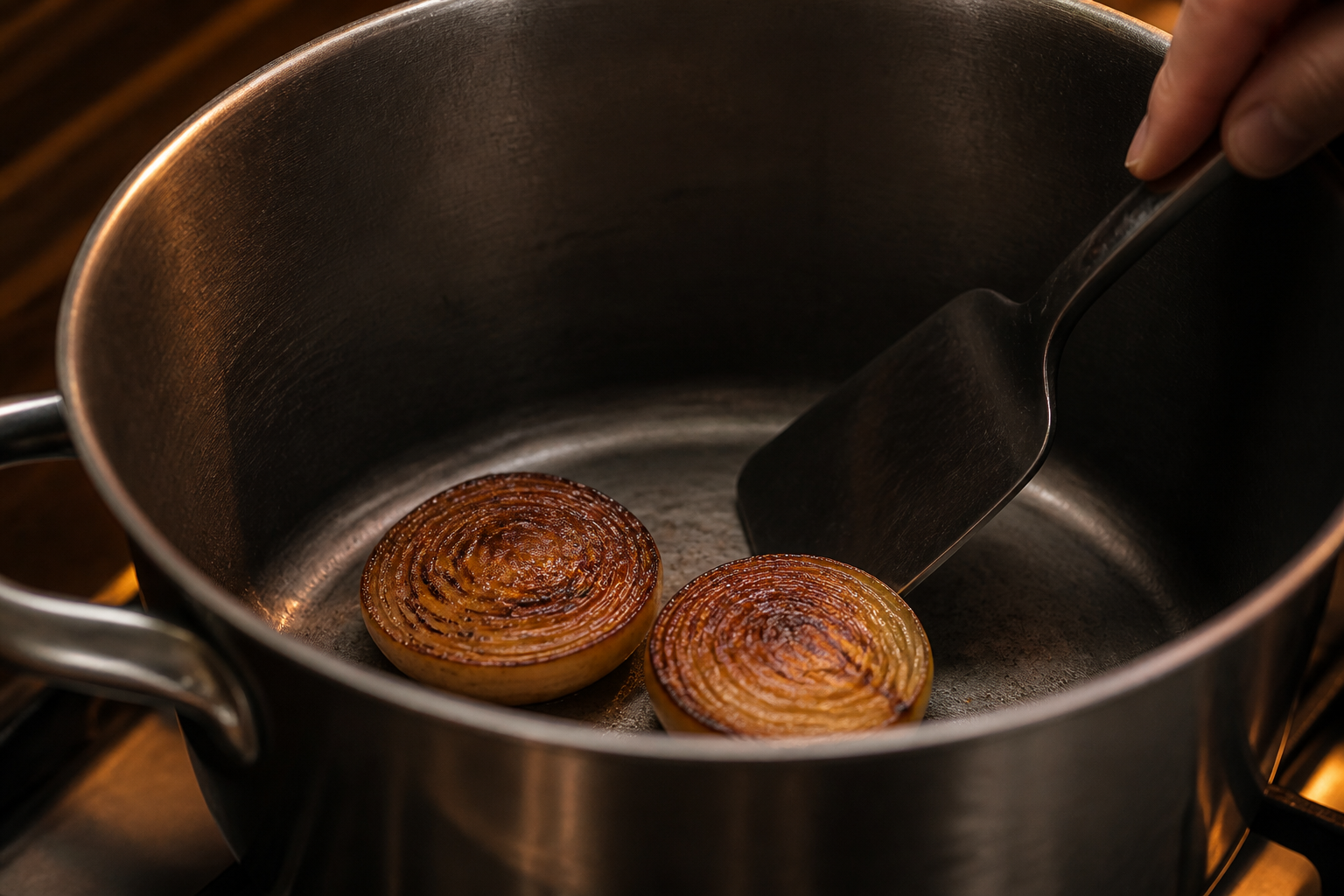 Dorar la cebolla para preparar Prepara Bouillon, un clásico de Francia