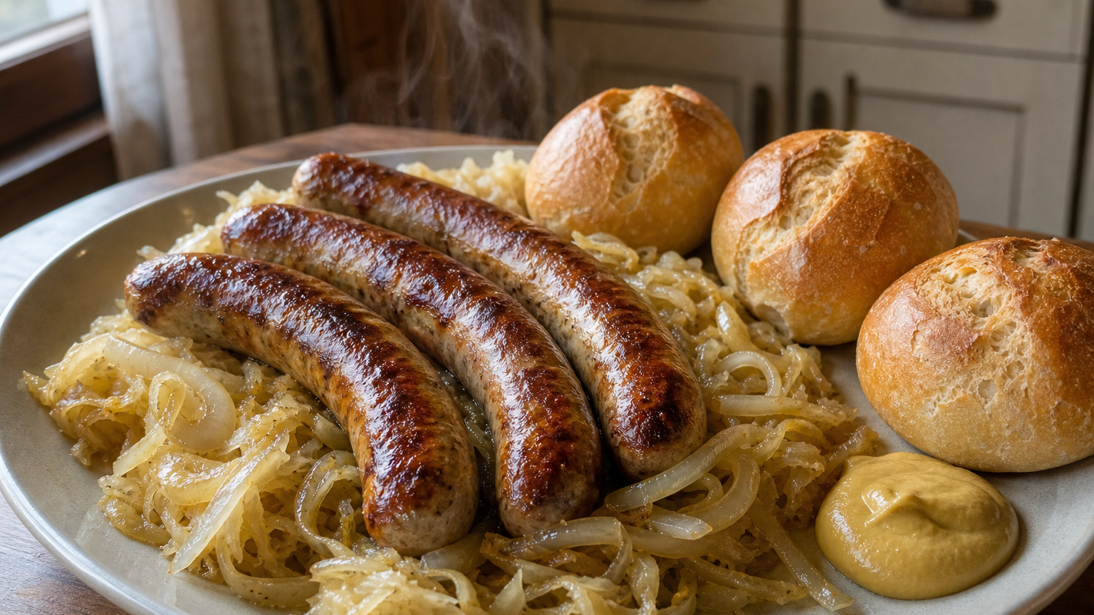 Bratwurst dorada con cebollas estofadas en cerveza, sauerkraut caliente, mostaza y panecillos crujientes