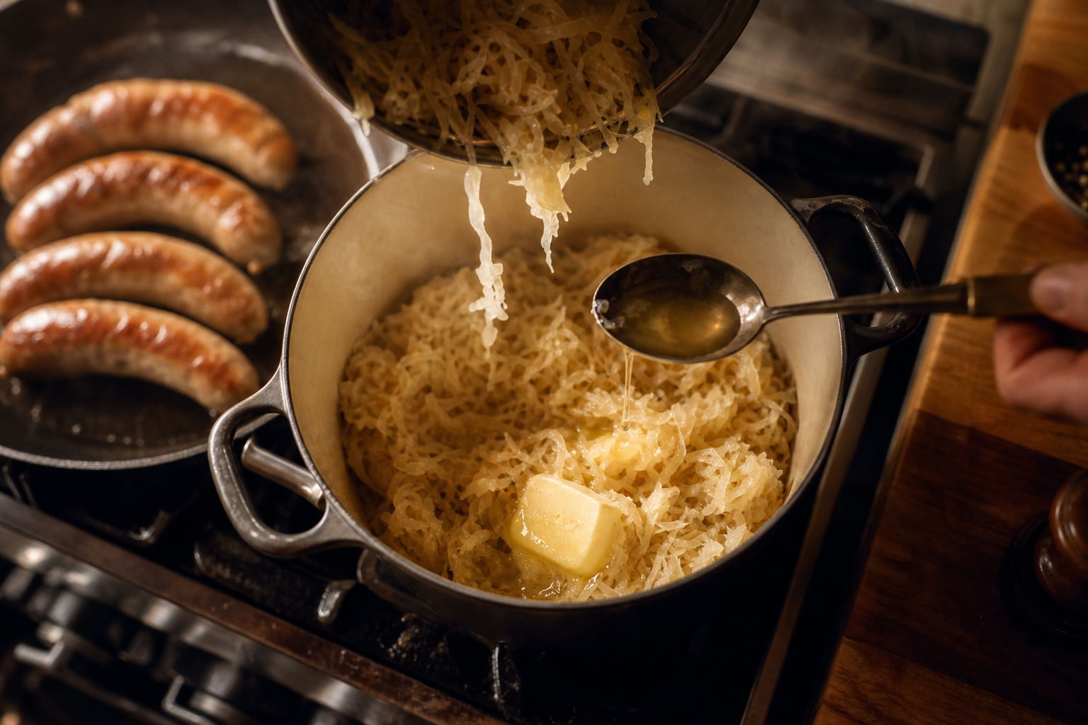 Calentar el sauerkraut para preparar German Bratwurst with Beer-Braised Onions and Sauerkraut