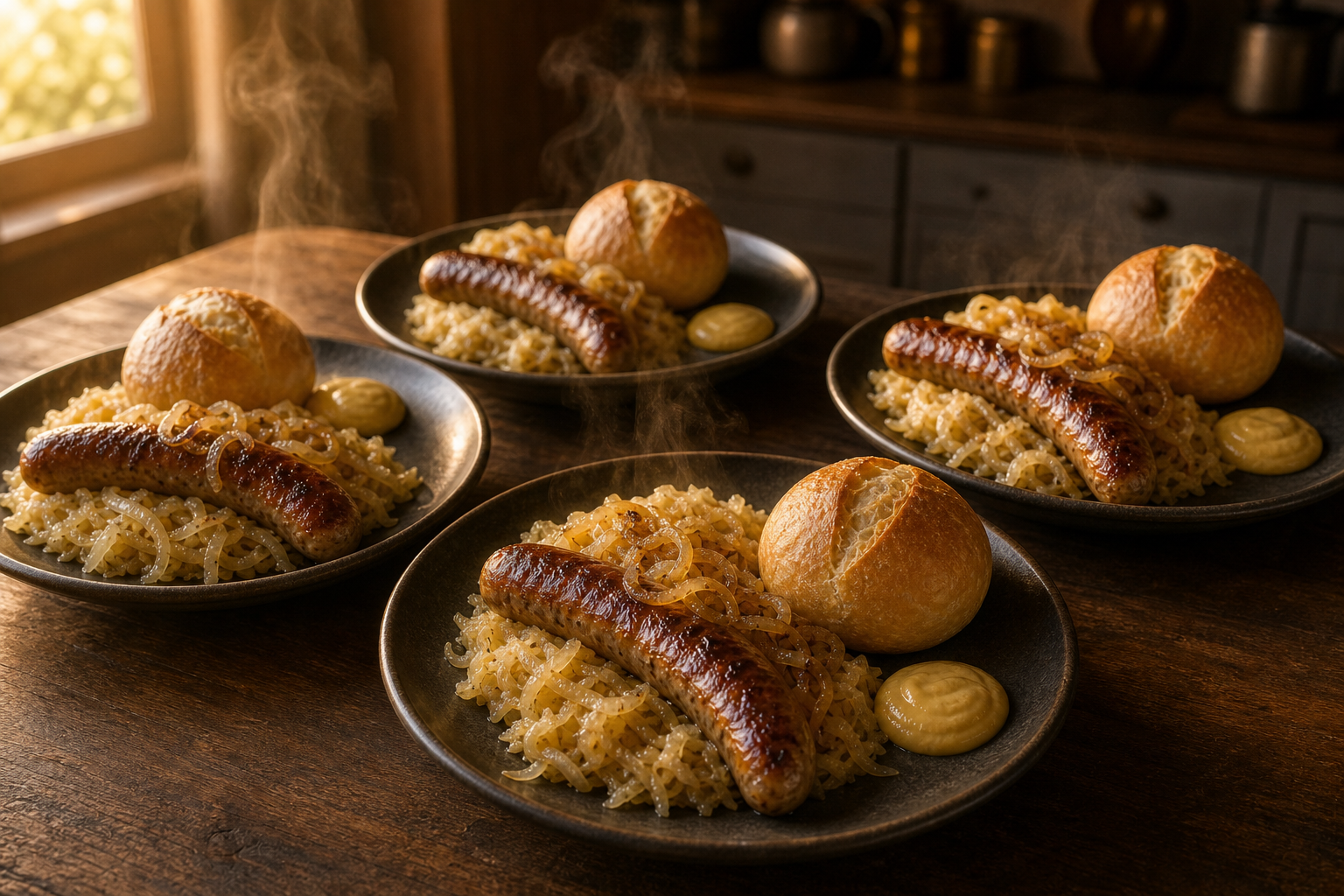 Montar y servir para preparar German Bratwurst with Beer-Braised Onions and Sauerkraut