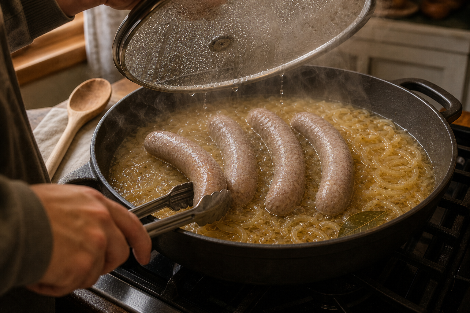 Cocer suavemente las salchichas para preparar German Bratwurst with Beer-Braised Onions and Sauerkraut
