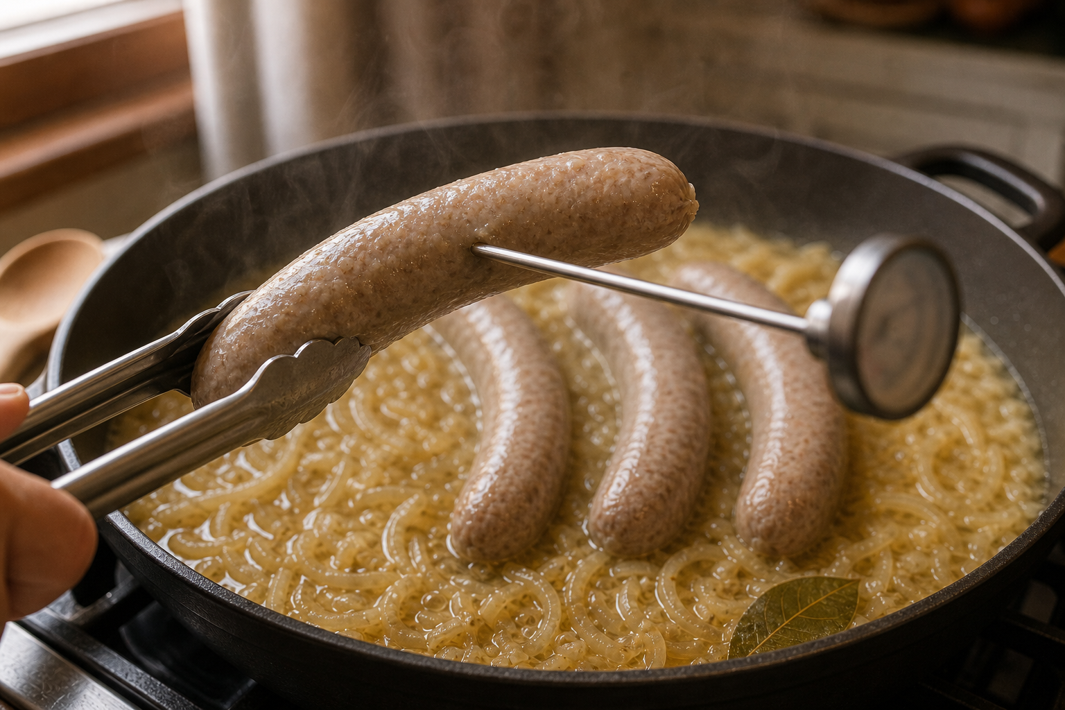 Comprobar la temperatura para preparar German Bratwurst with Beer-Braised Onions and Sauerkraut