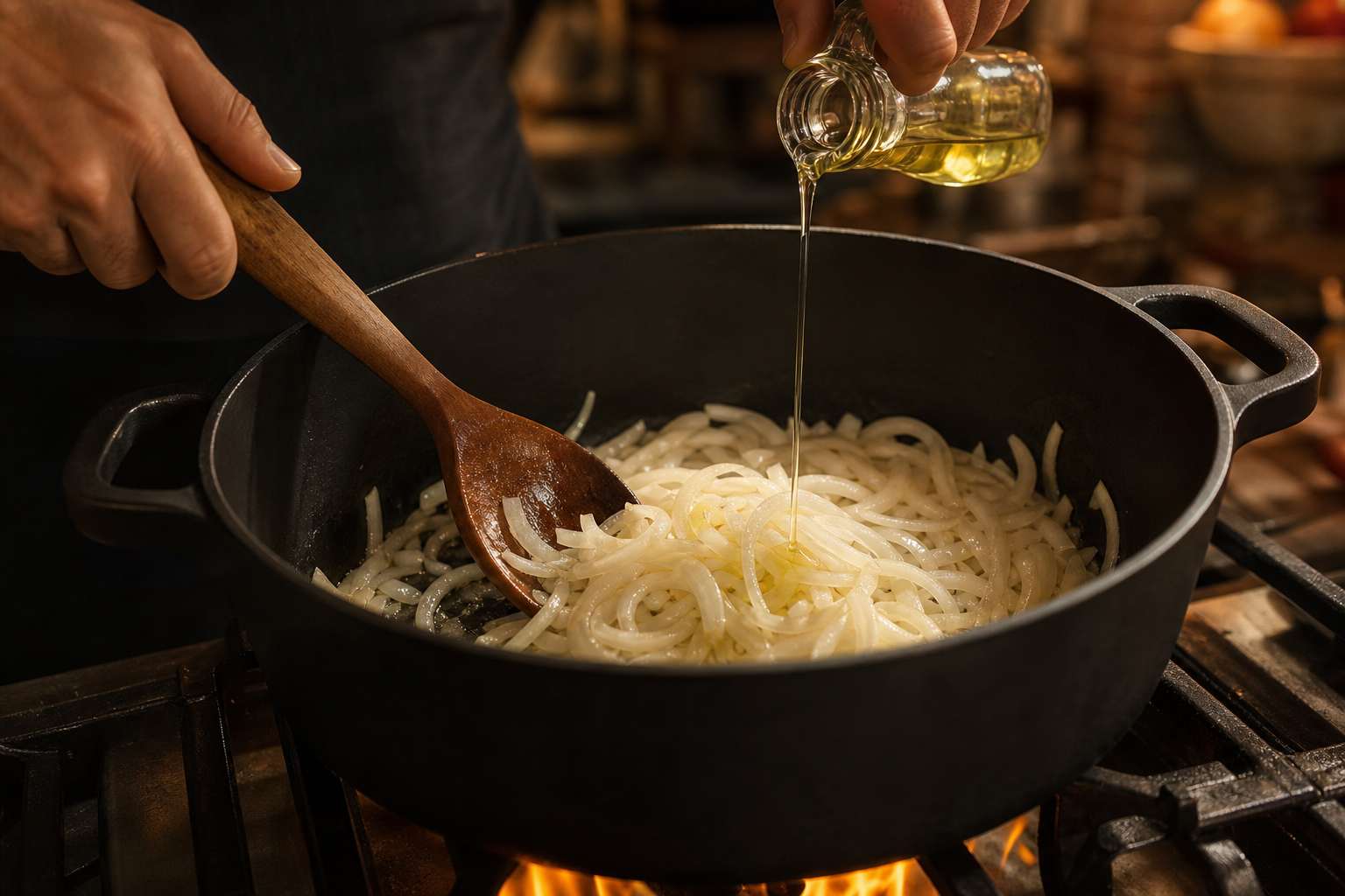 Dorar las cebollas para preparar German Bratwurst with Beer-Braised Onions and Sauerkraut