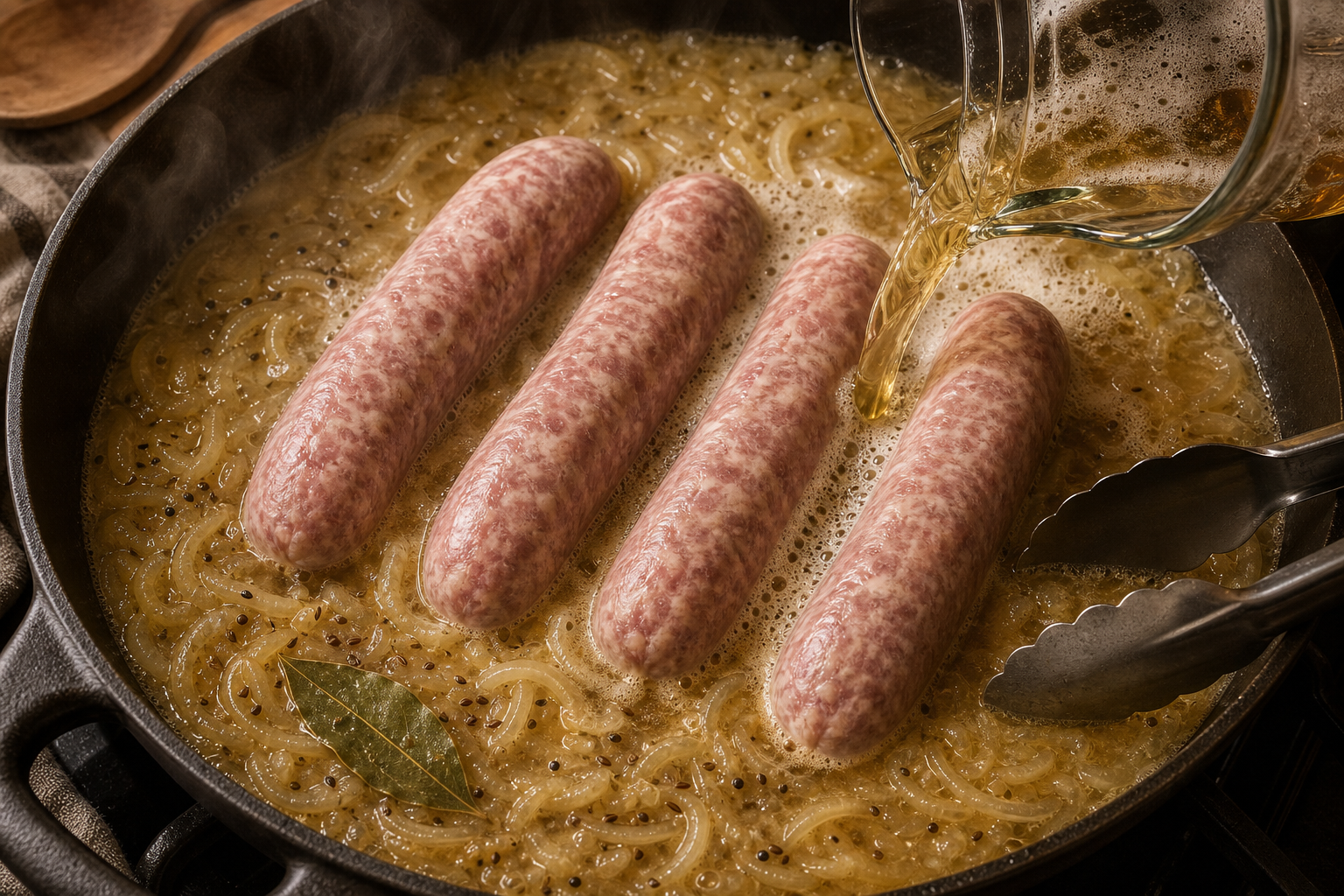 Incorporar cerveza y especias para preparar German Bratwurst with Beer-Braised Onions and Sauerkraut