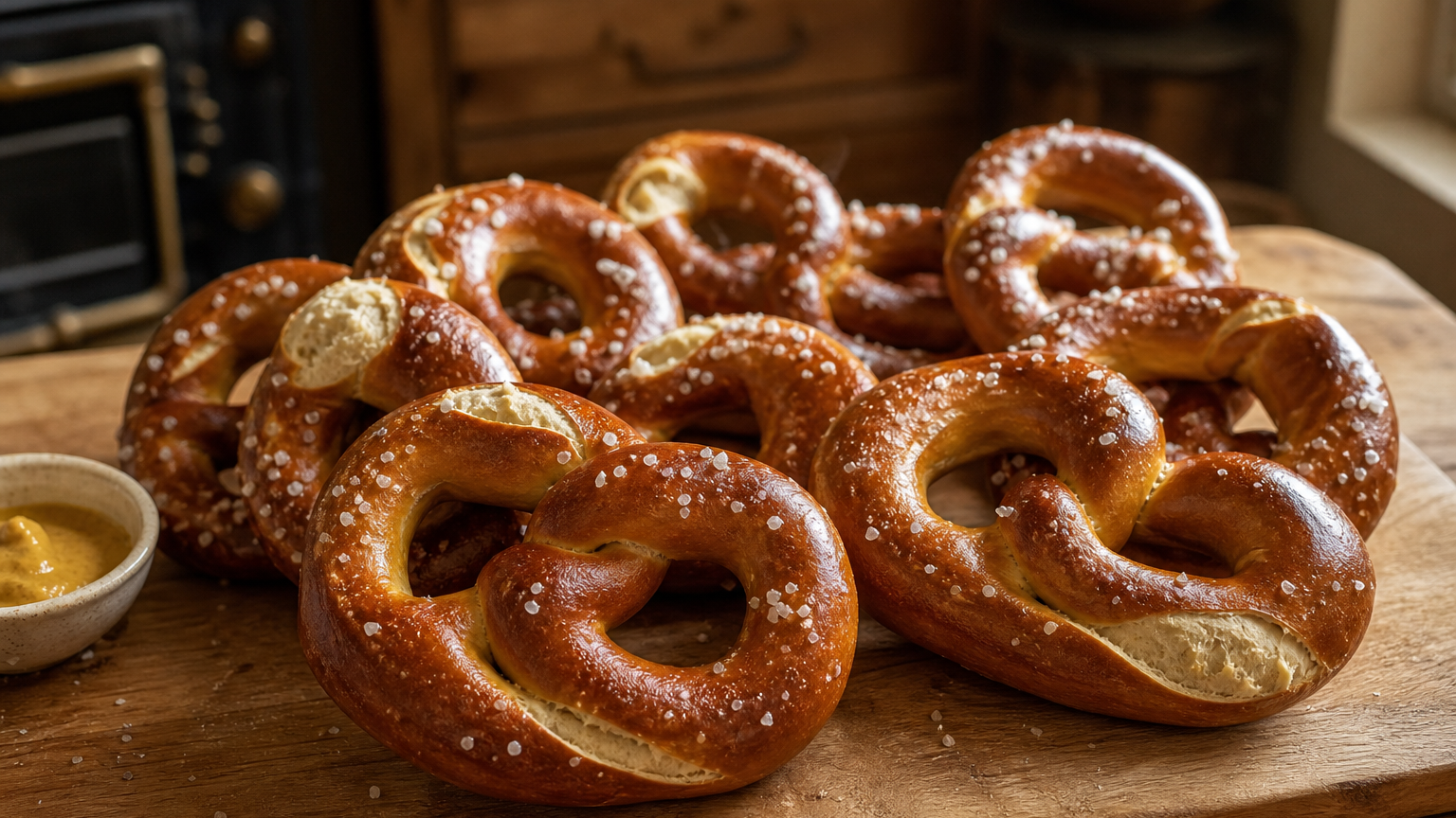 Brezel alemanes caseros, dorados y retorcidos, sobre una bandeja de horno