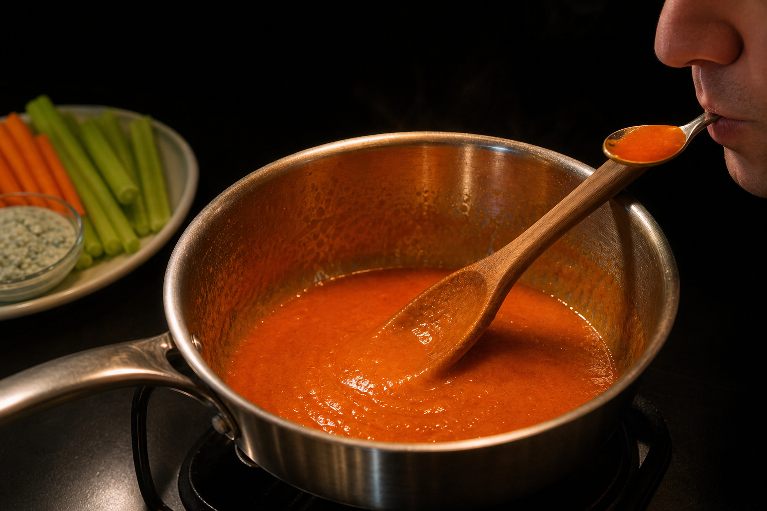 Calentar la salsa Buffalo para preparar Buffalo Wings