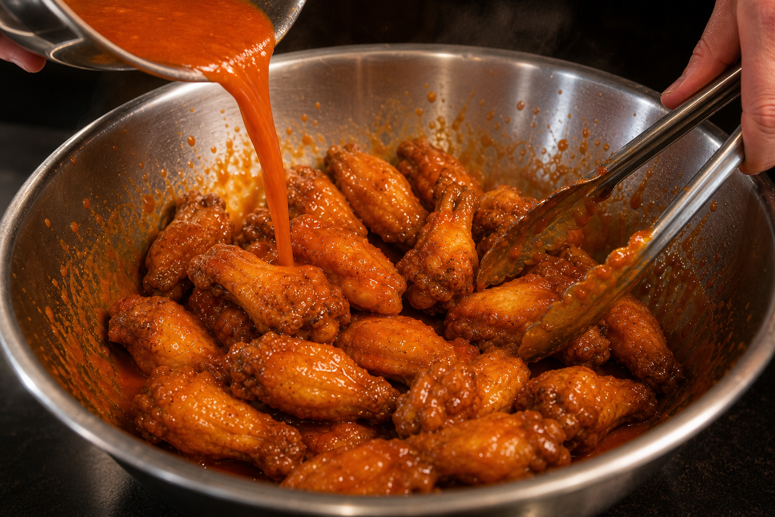 Cubrir alitas con salsa para preparar Buffalo Wings
