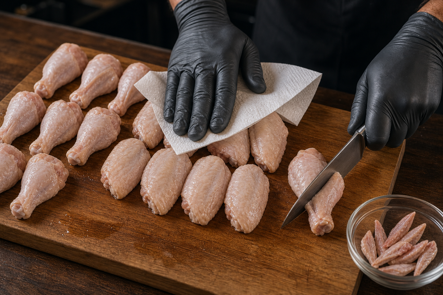 Secar y separar alitas para preparar Buffalo Wings