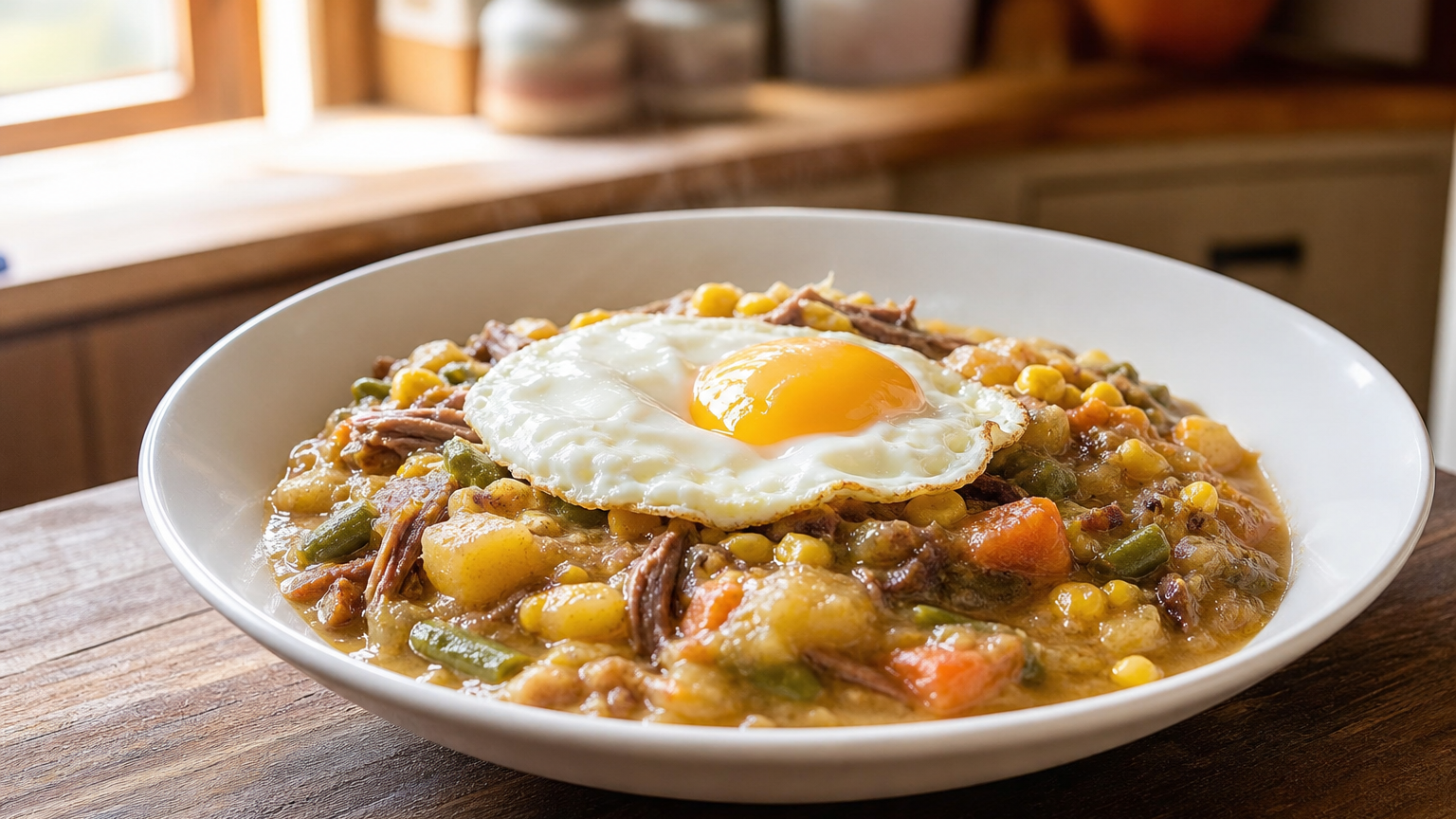 Charquicán chileno rústico servido con papas, zapallo, verduras, charqui y un huevo frito encima