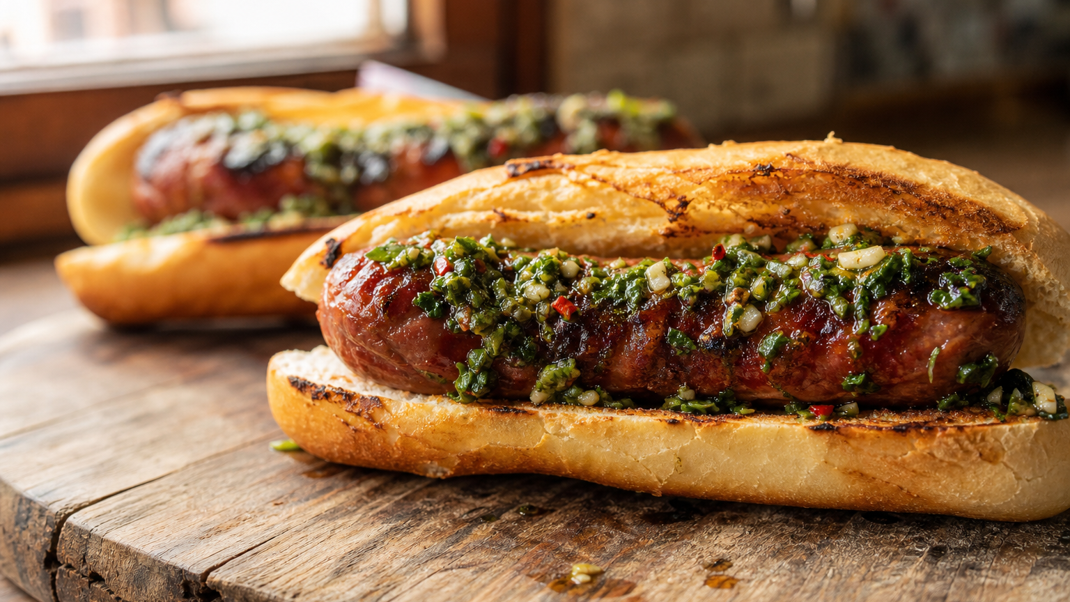 Cuatro choripanes argentinos con chorizo criollo dorado, pan tostado y chimichurri fresco