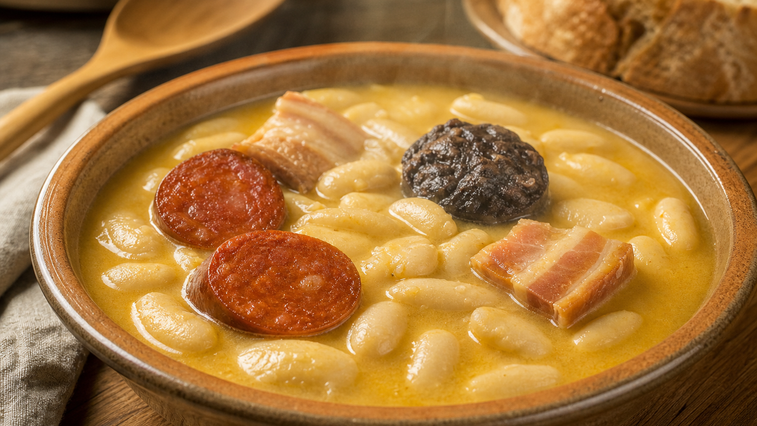 Fabada asturiana servida caliente en plato hondo con fabes, chorizo, morcilla y panceta