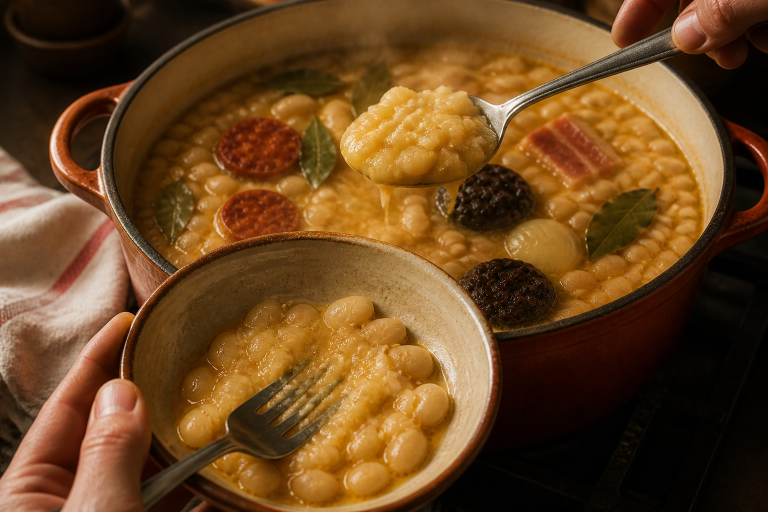 Ligar el caldo para preparar Prepara Fabada Asturiana, un clásico de España