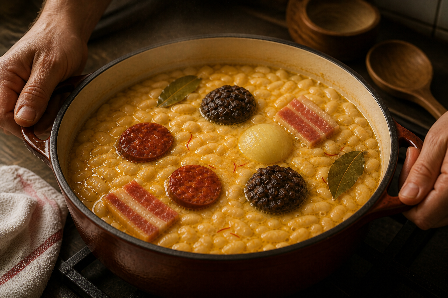 Mover la olla para preparar Prepara Fabada Asturiana, un clásico de España