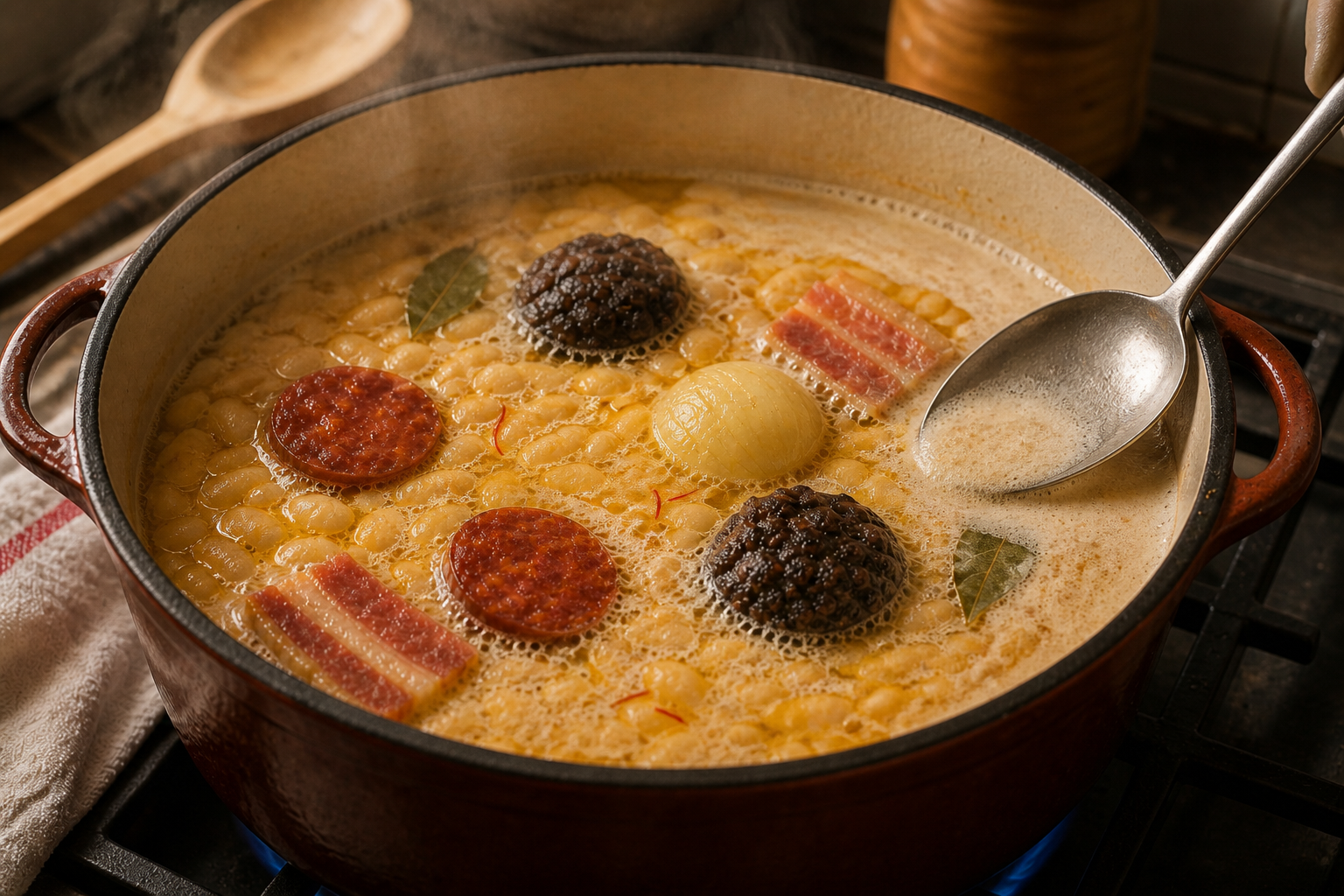 Retirar la espuma para preparar Prepara Fabada Asturiana, un clásico de España