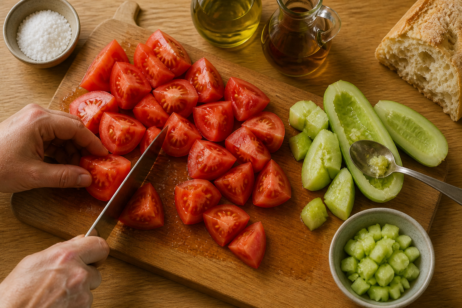 Trocear tomate y pepino para preparar Prepara Gazpacho, un clásico de España