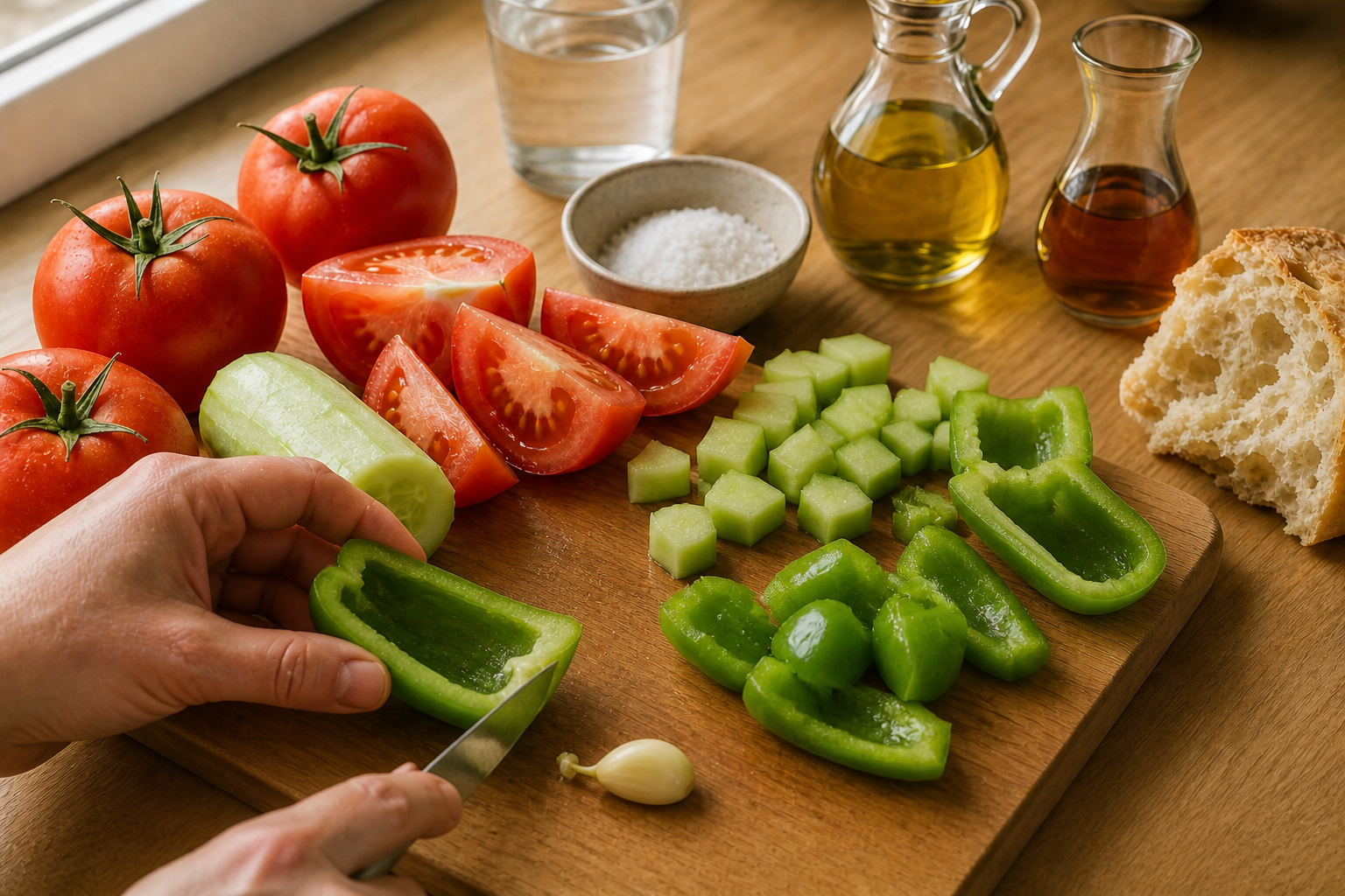 Limpiar pimiento y ajo para preparar Prepara Gazpacho, un clásico de España