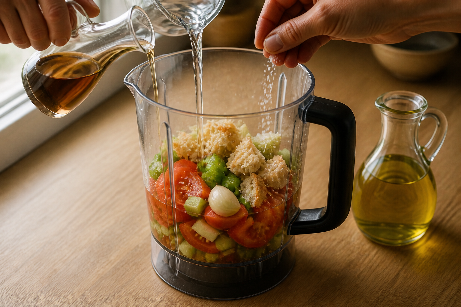 Cargar la batidora para preparar Prepara Gazpacho, un clásico de España