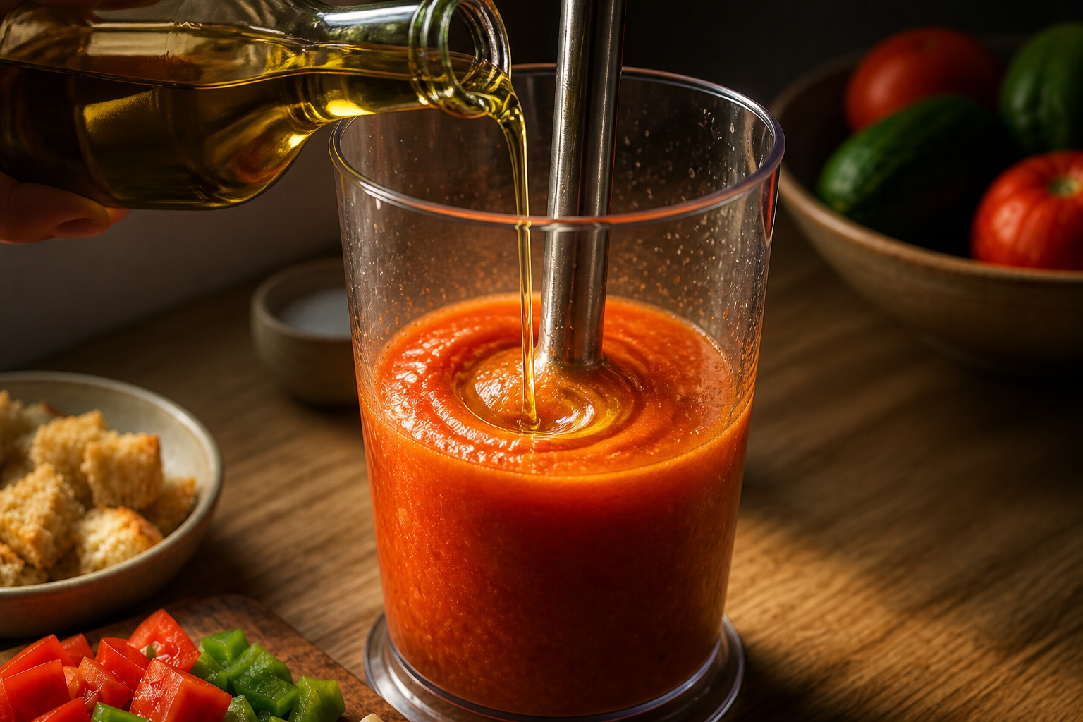 Emulsionar con aceite para preparar Prepara Gazpacho, un clásico de España