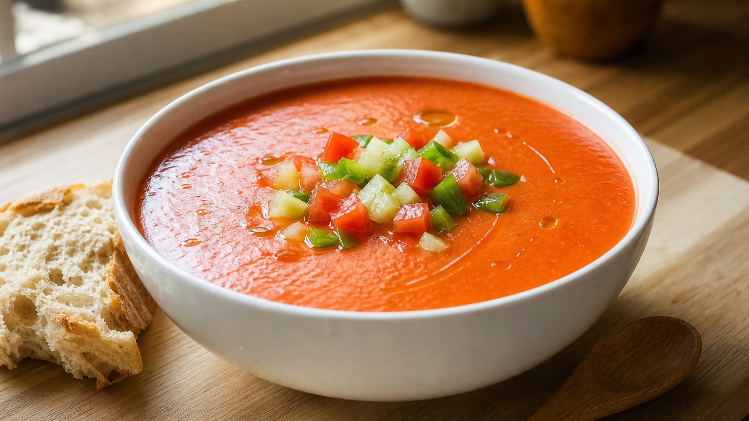 Gazpacho andaluz servido muy frío con cubitos de tomate, pepino y pimiento