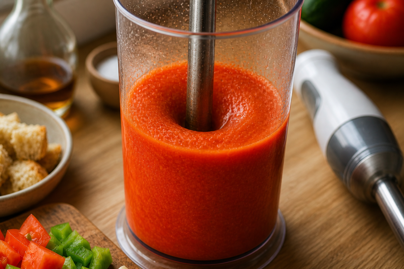 Triturar las hortalizas para preparar Prepara Gazpacho, un clásico de España