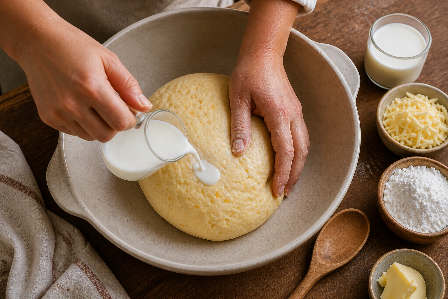 Hidratar la masa para preparar Prepara Pandebono Colombiano, un clásico de Colombia