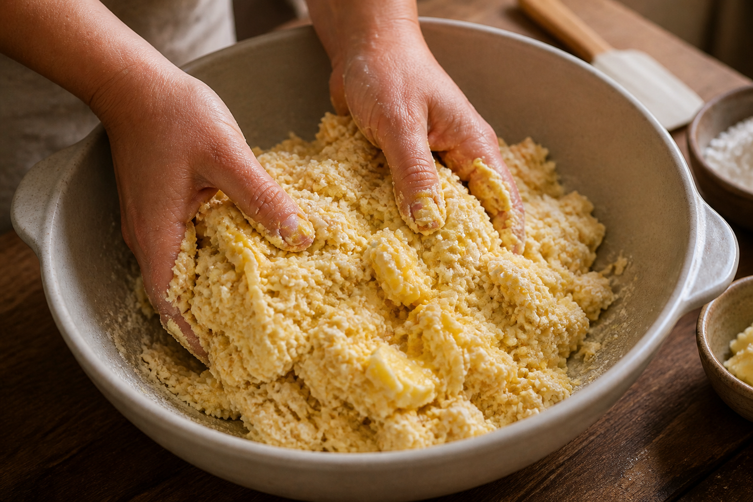 Añadir mantequilla y huevo para preparar Prepara Pandebono Colombiano, un clásico de Colombia