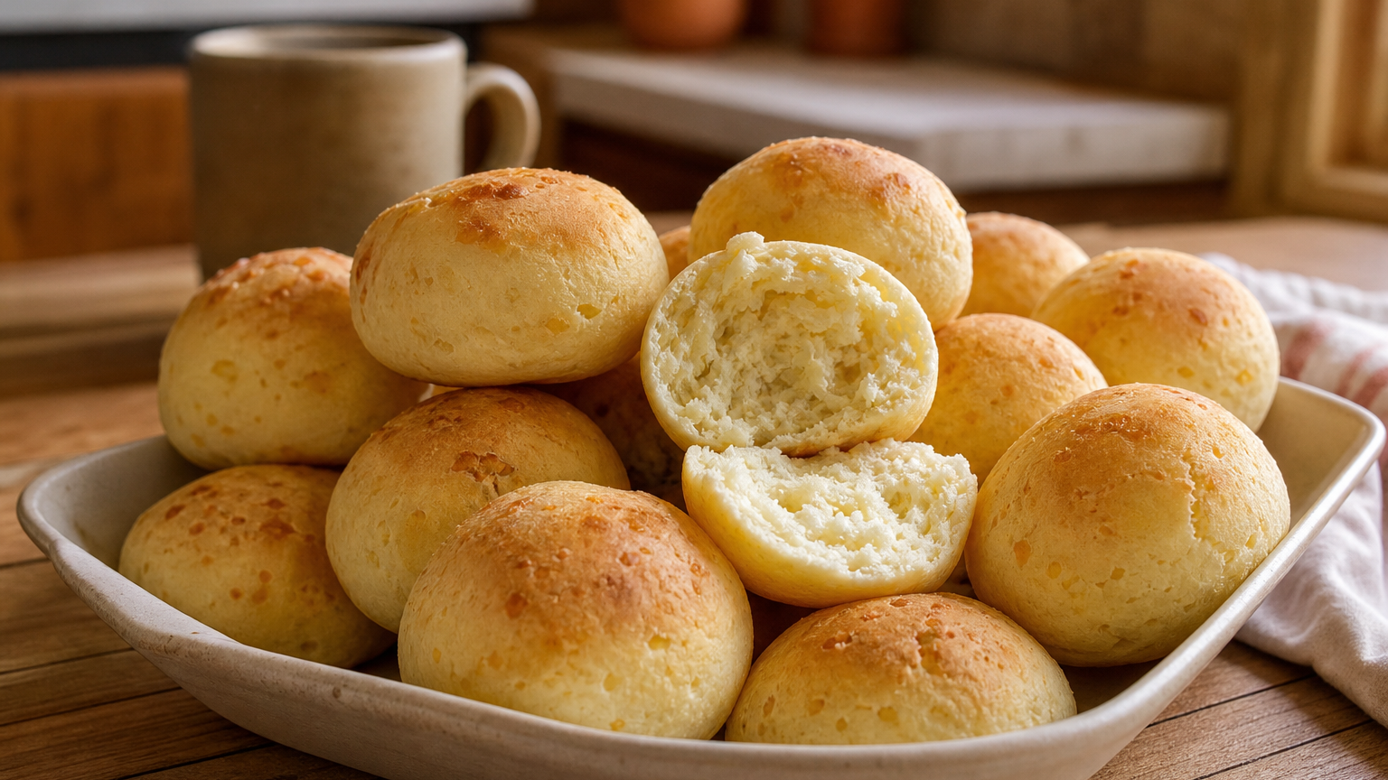 Pandebonos colombianos dorados, suaves y recién horneados sobre una bandeja