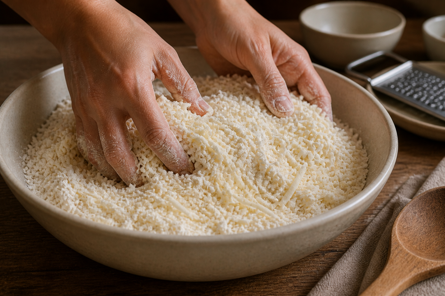 Incorporar los quesos para preparar Prepara Pandebono Colombiano, un clásico de Colombia