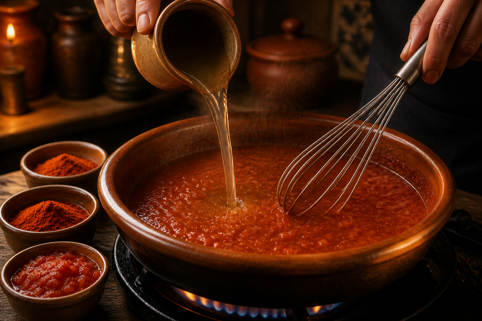 Cocer la salsa para preparar Prepara Patatas Bravas, un clásico de España