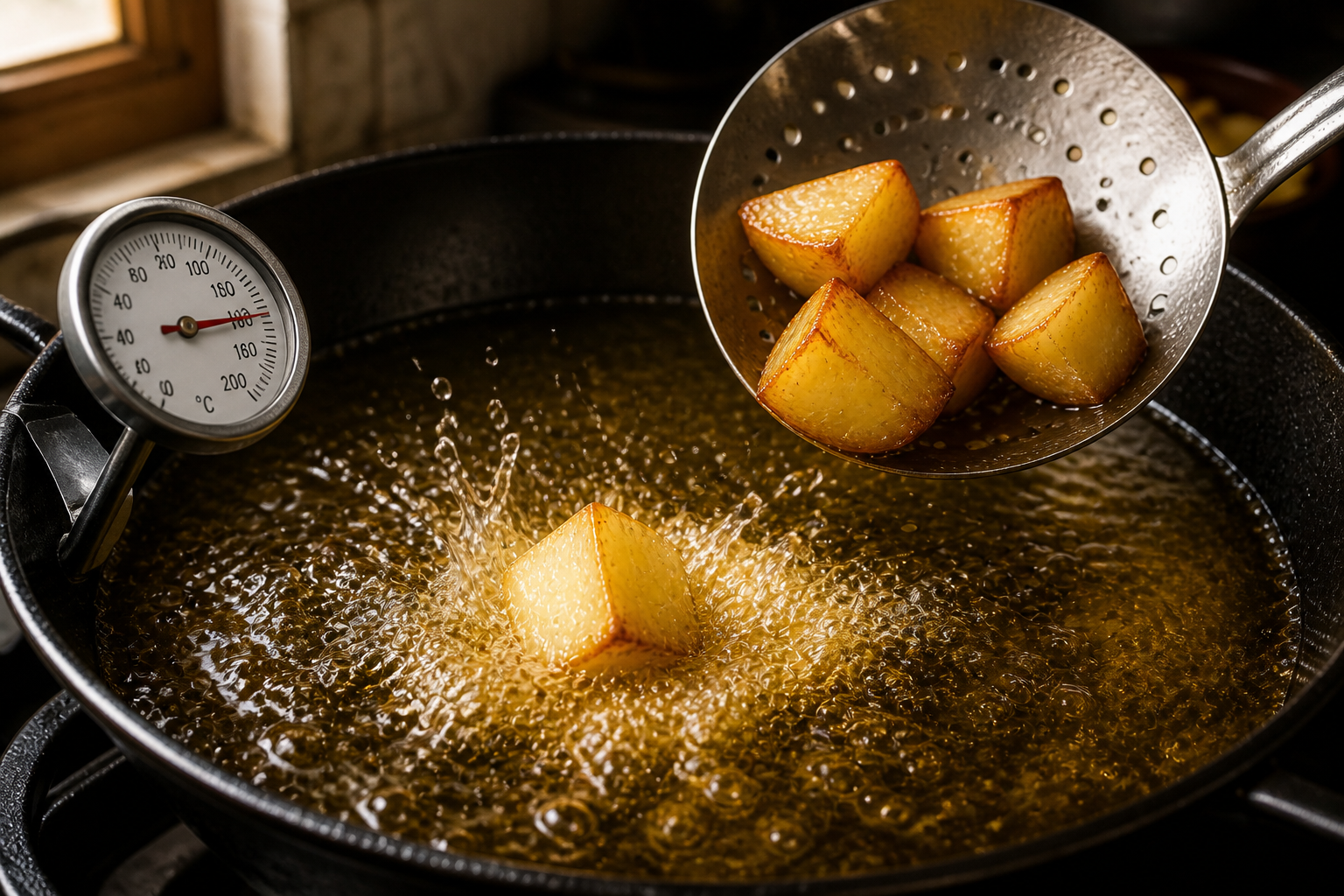 Calentar el aceite para preparar Prepara Patatas Bravas, un clásico de España