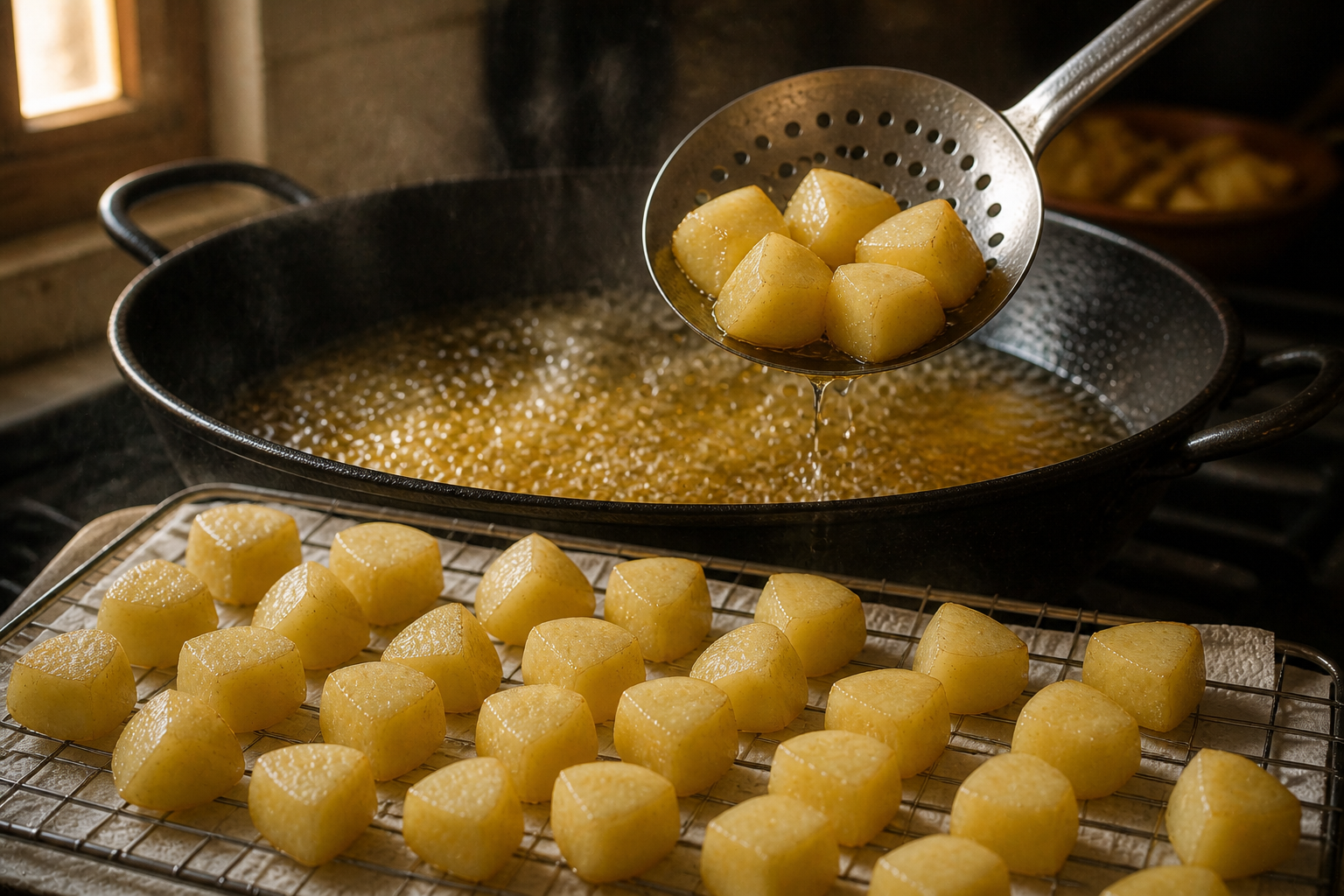 Escurrir la primera tanda para preparar Prepara Patatas Bravas, un clásico de España