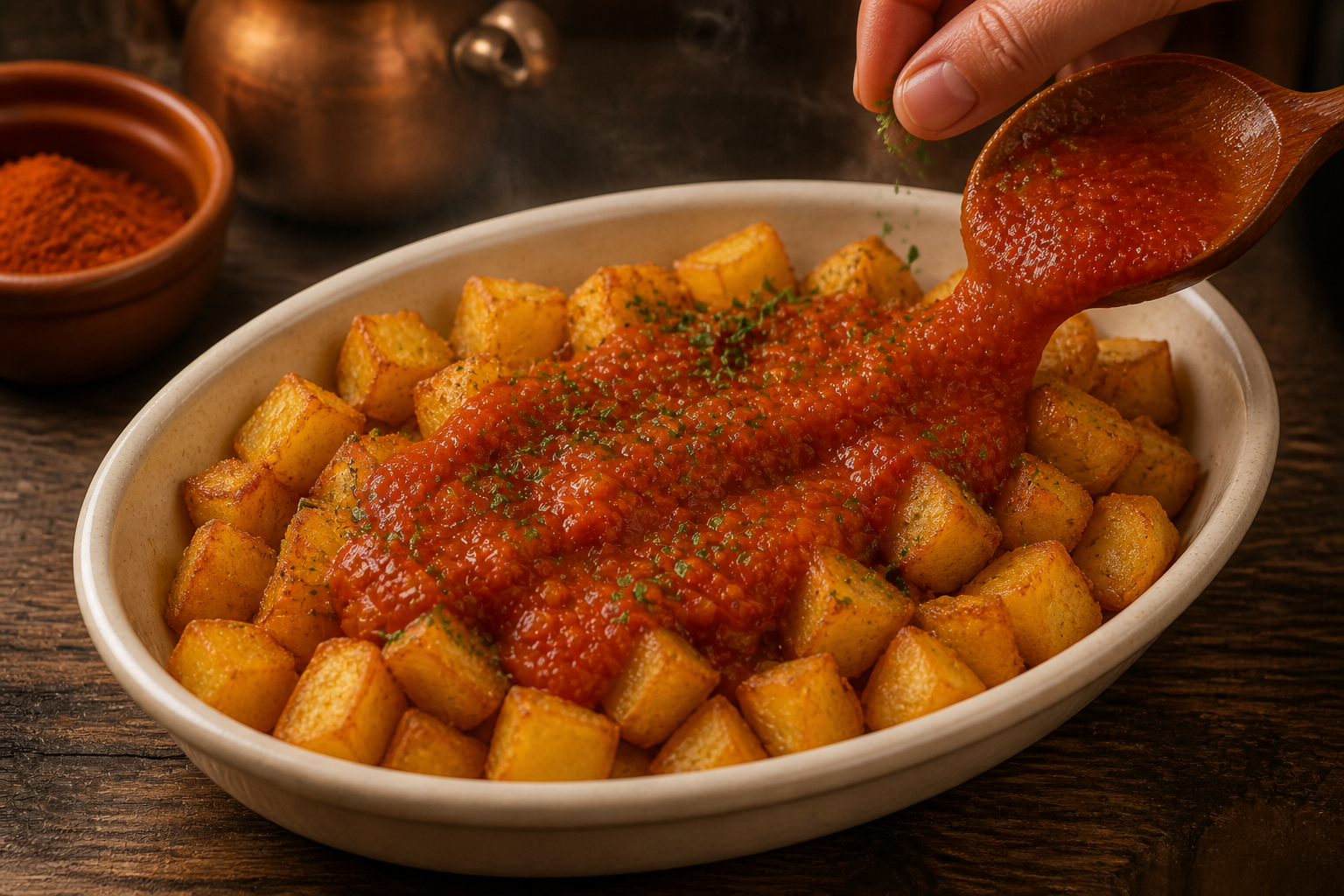 Montar y servir para preparar Prepara Patatas Bravas, un clásico de España