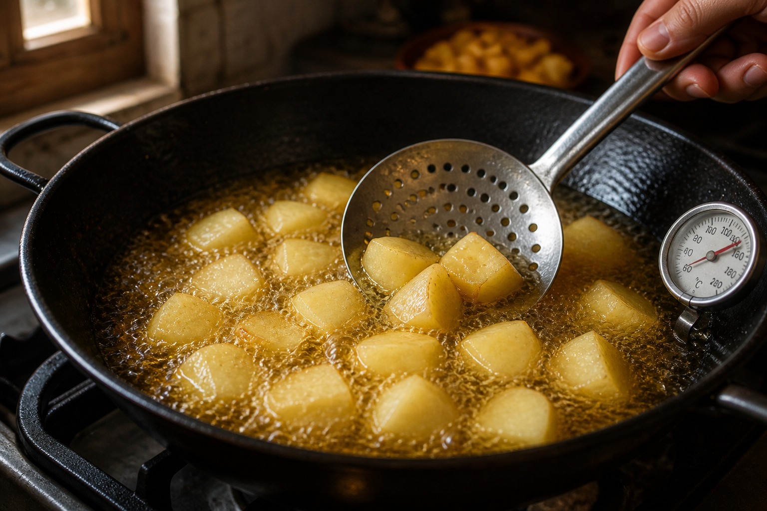 Hacer la primera fritura para preparar Prepara Patatas Bravas, un clásico de España