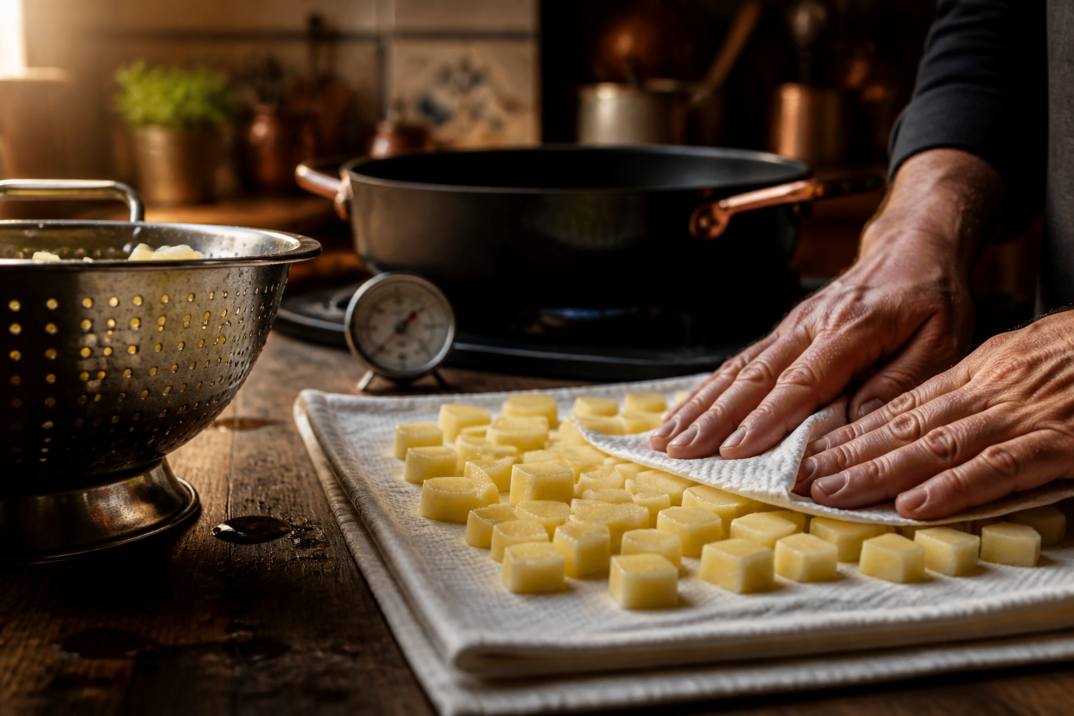 Secar las patatas para preparar Prepara Patatas Bravas, un clásico de España