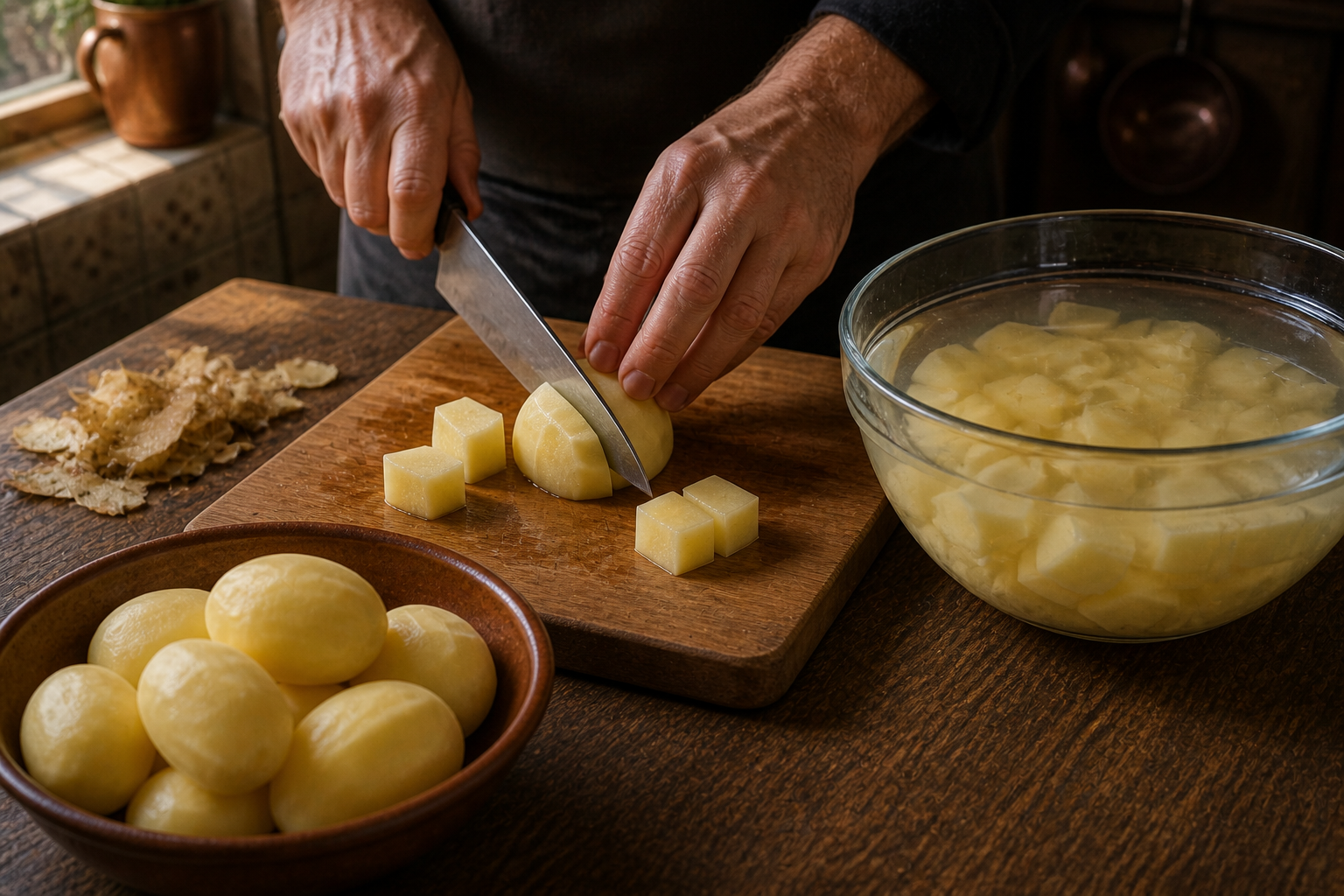 Cortar las patatas para preparar Prepara Patatas Bravas, un clásico de España