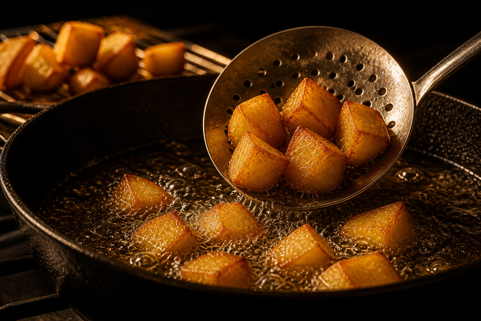 Completar la doble fritura para preparar Prepara Patatas Bravas, un clásico de España
