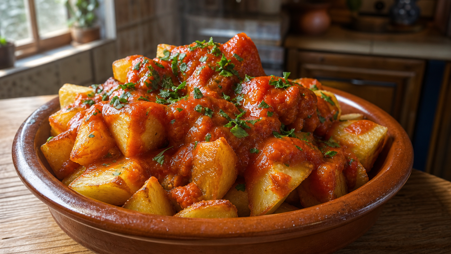 Patatas bravas doradas y crujientes con salsa brava roja y perejil fresco