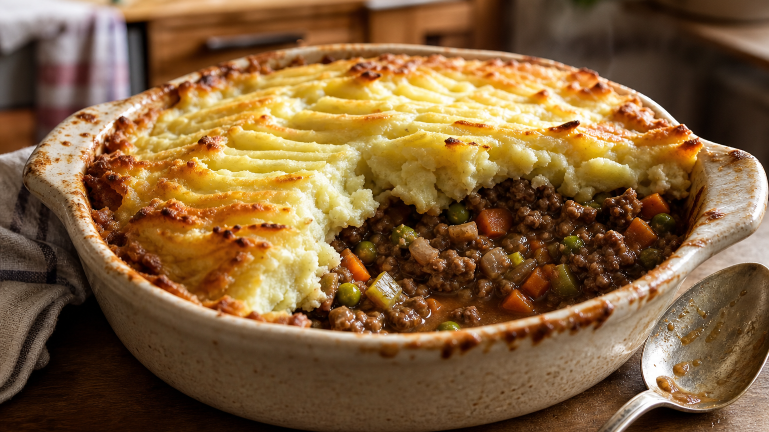 Shepherd’s pie británico con relleno de cordero y verduras, cubierto de puré de patatas dorado con cheddar