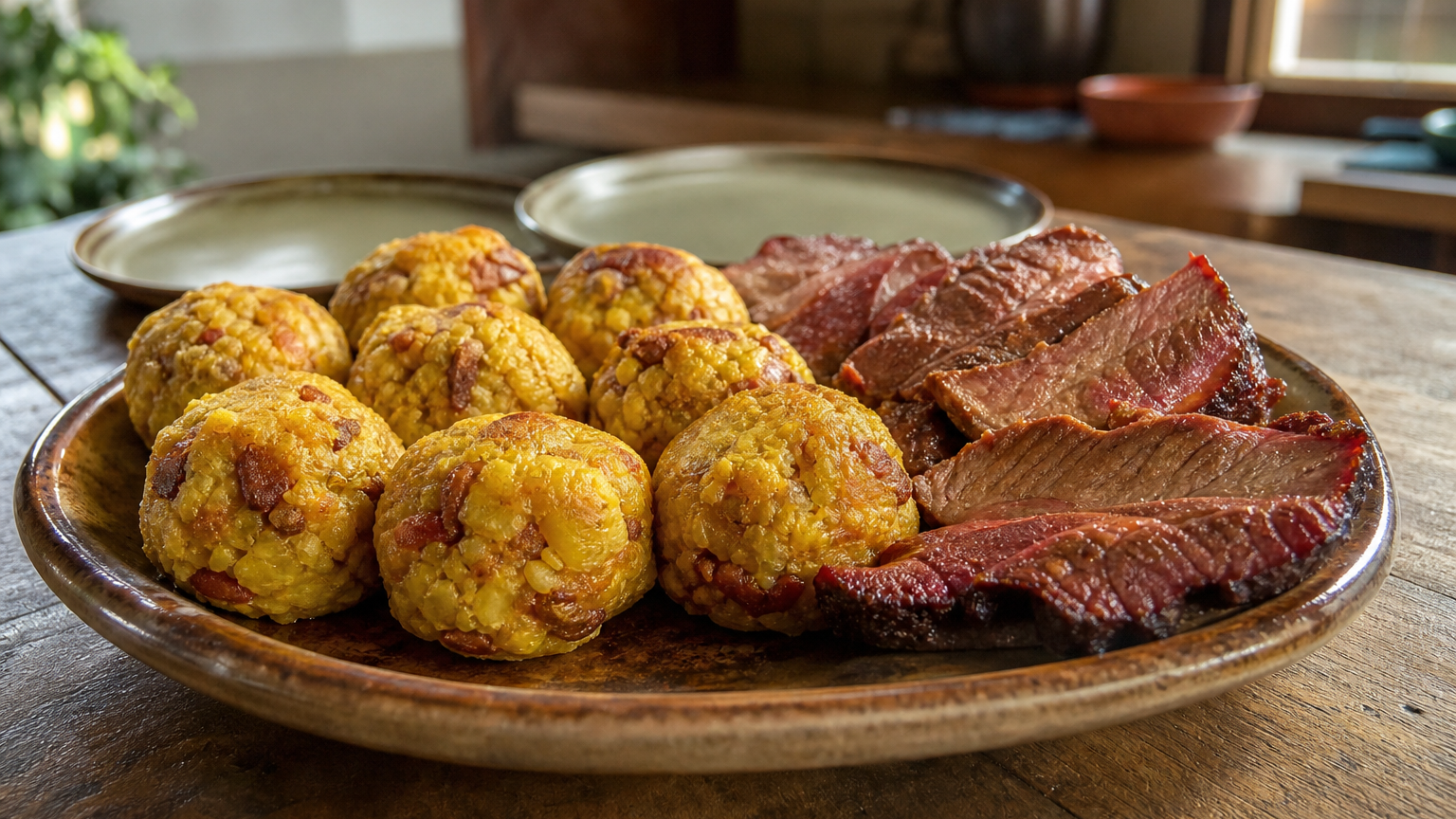 Tacacho con cecina peruano servido con bolas de plátano verde, panceta crujiente y cecina dorada