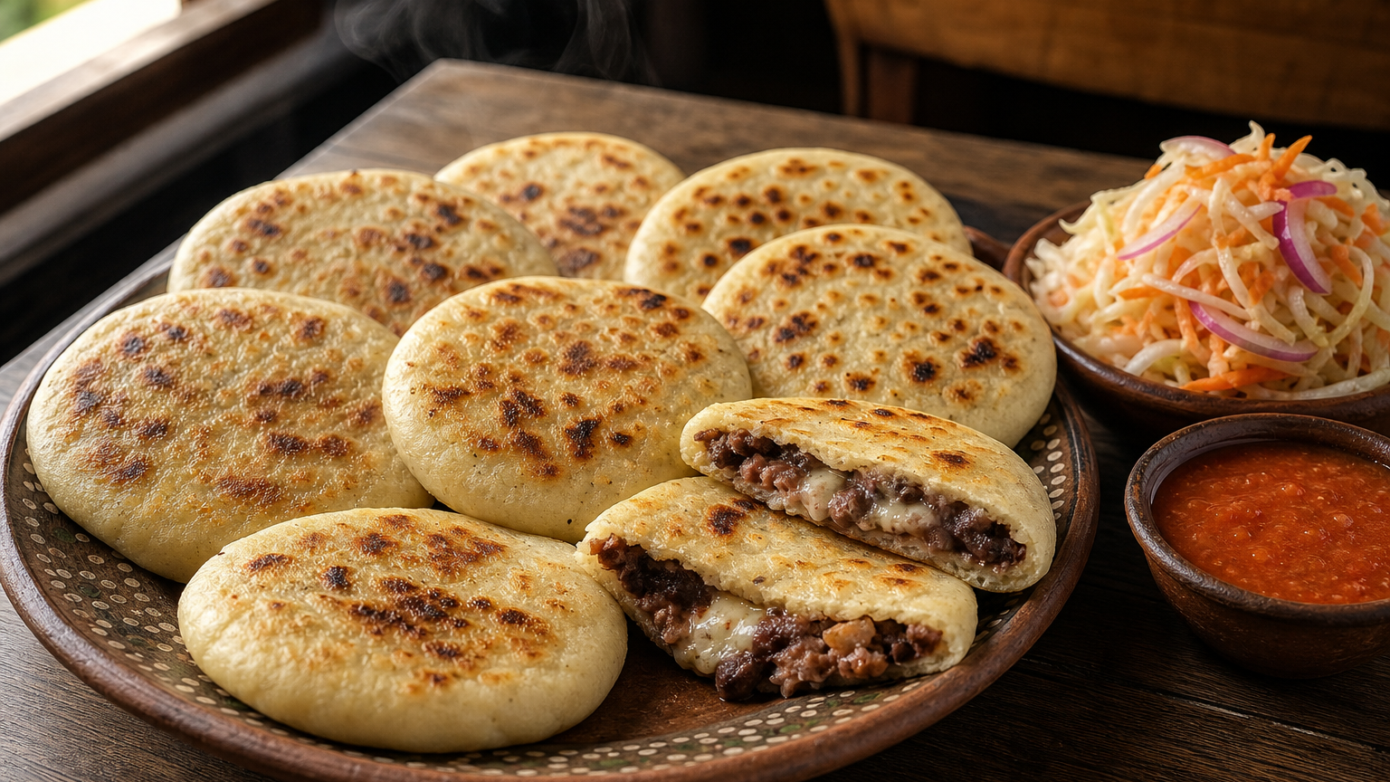Pupusas revueltas salvadoreñas doradas, rellenas de chicharrón, frijoles refritos y queso, servidas con curtido y salsa de tomate