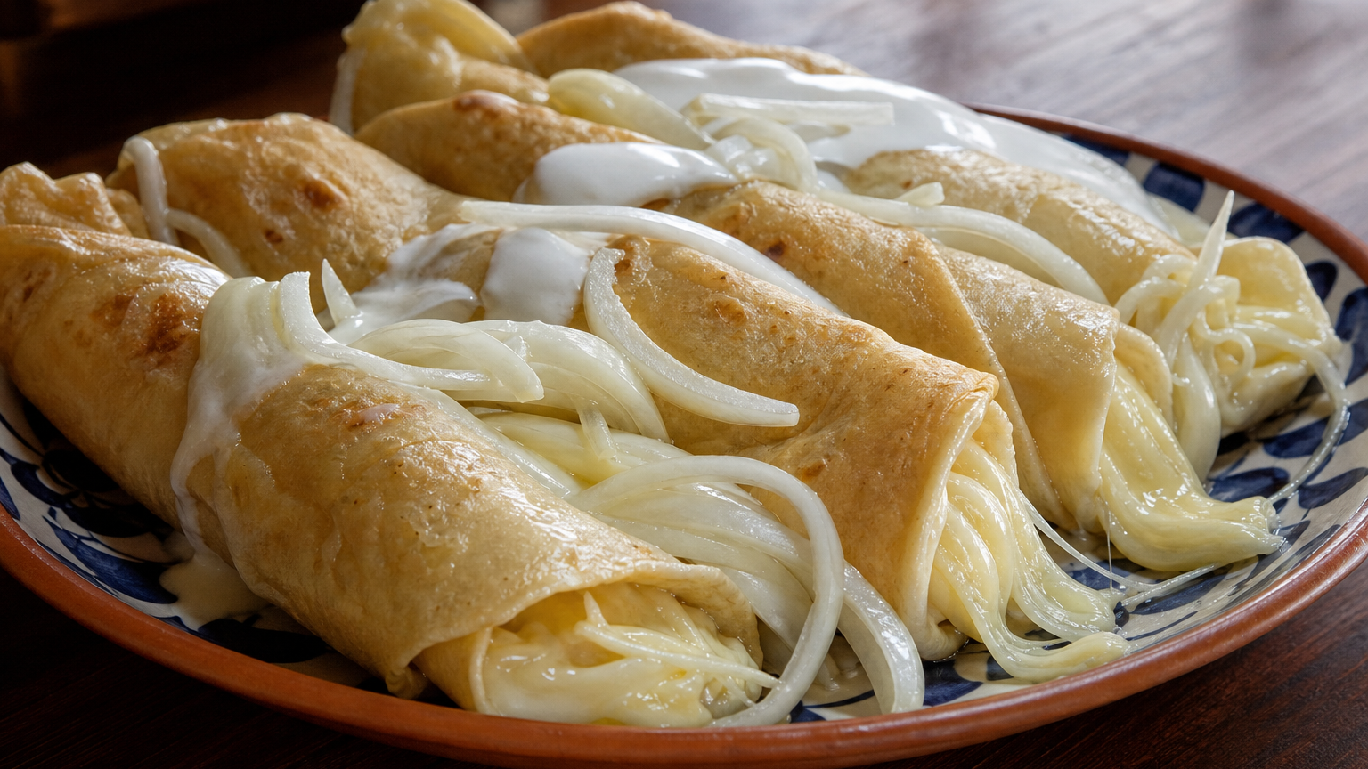 Seis quesillos nicaragüenses enrollados, con queso fundido, cebolla encurtida y crema, servidos en una fuente