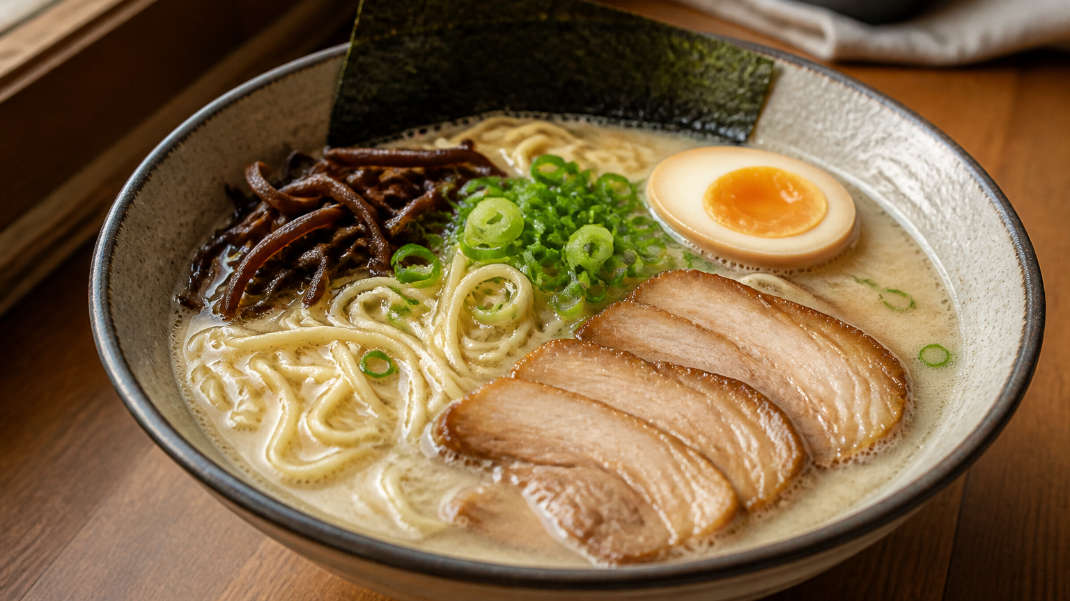 Tazón de ramen tonkotsu japonés con caldo blanco, panceta, huevo marinado, fideos, hongos negros, nori y cebollín