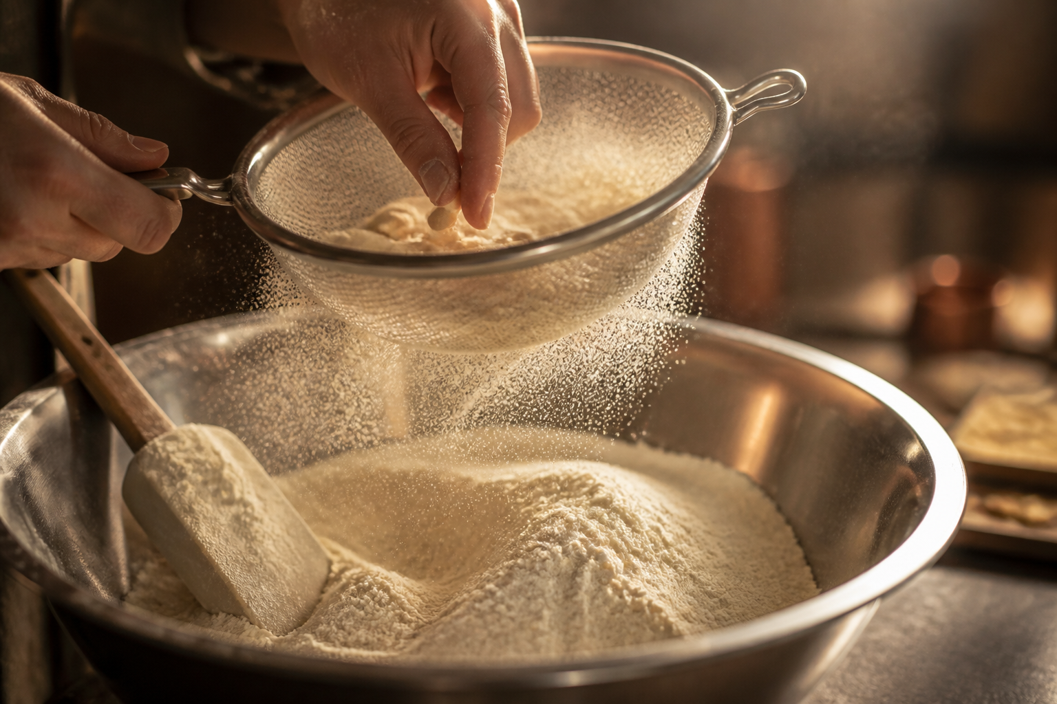 Tamizar los ingredientes secos para preparar Receta de Macarrones Franceses