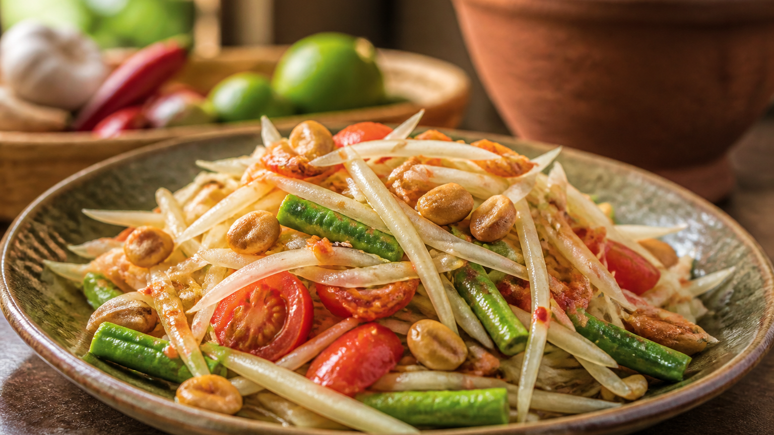 Som Tam tailandés servido con papaya verde crujiente, tomates cherry, judías verdes y cacahuates tostados