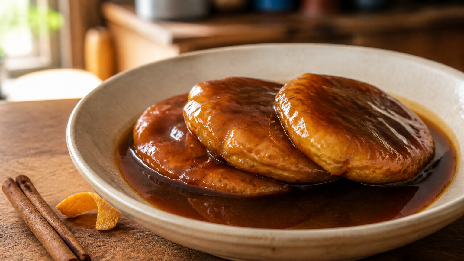 Sopaipillas pasadas chilenas de zapallo bañadas en salsa caliente de chancaca con canela, clavo de olor y naranja
