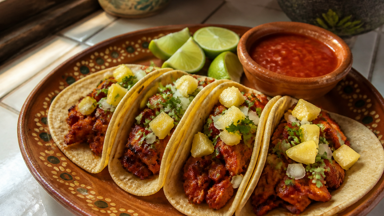 Tacos al pastor mexicanos con cerdo dorado, piña, cebolla, cilantro y lima sobre tortillas de maíz