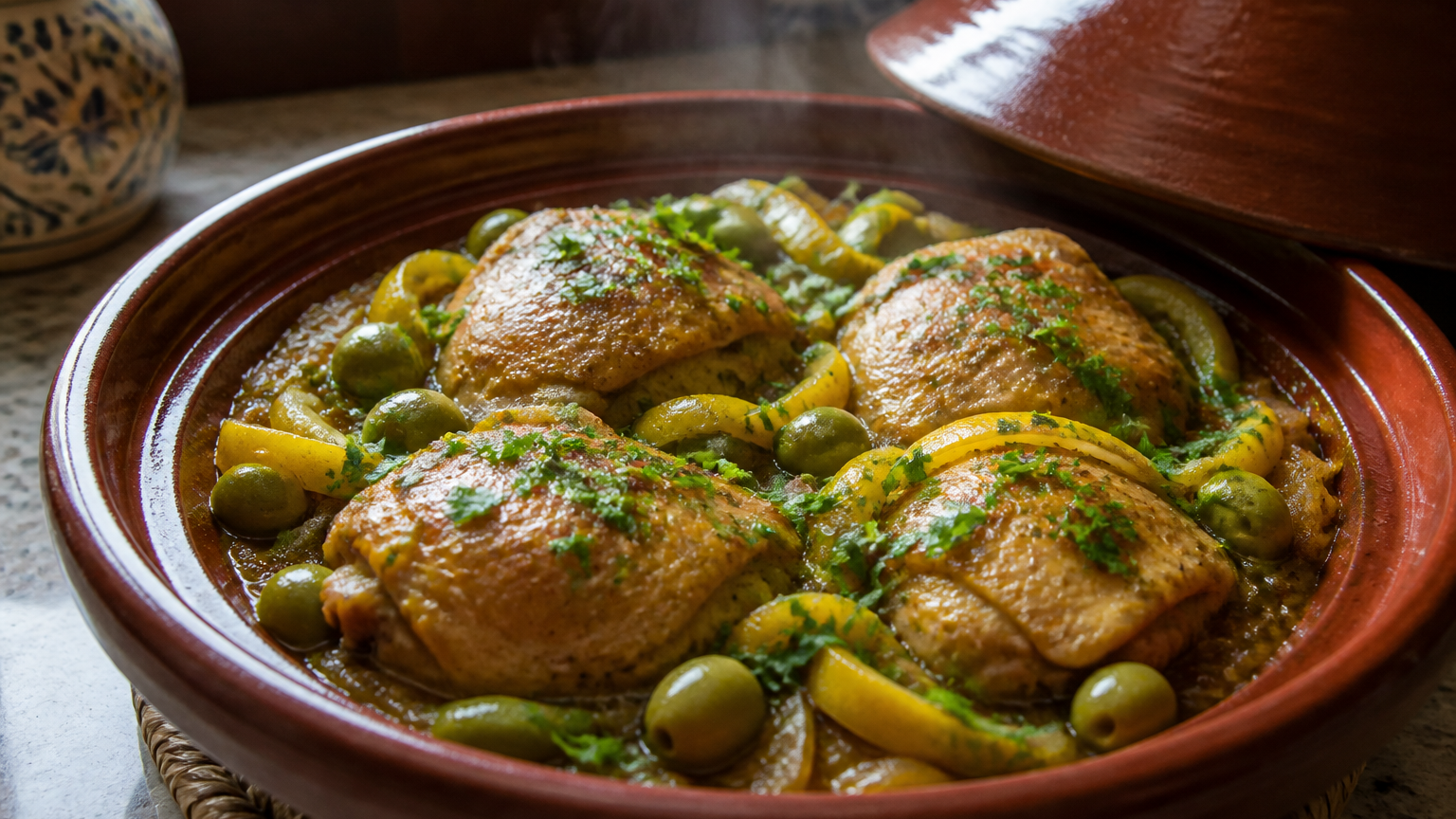 Tajín marroquí de pollo tierno con limón encurtido, aceitunas verdes y salsa especiada