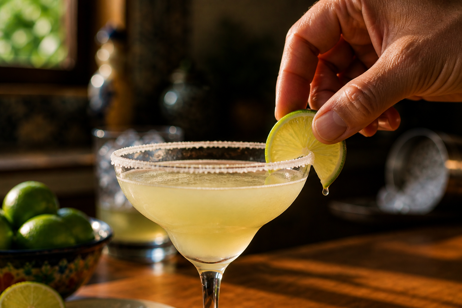 Decorar con lima para preparar Tequila Margarita Cocktail