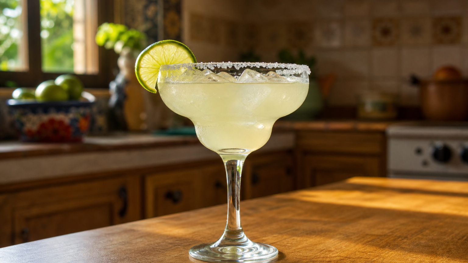 Margarita de tequila fría en vaso escarchado con sal, lima y hielo