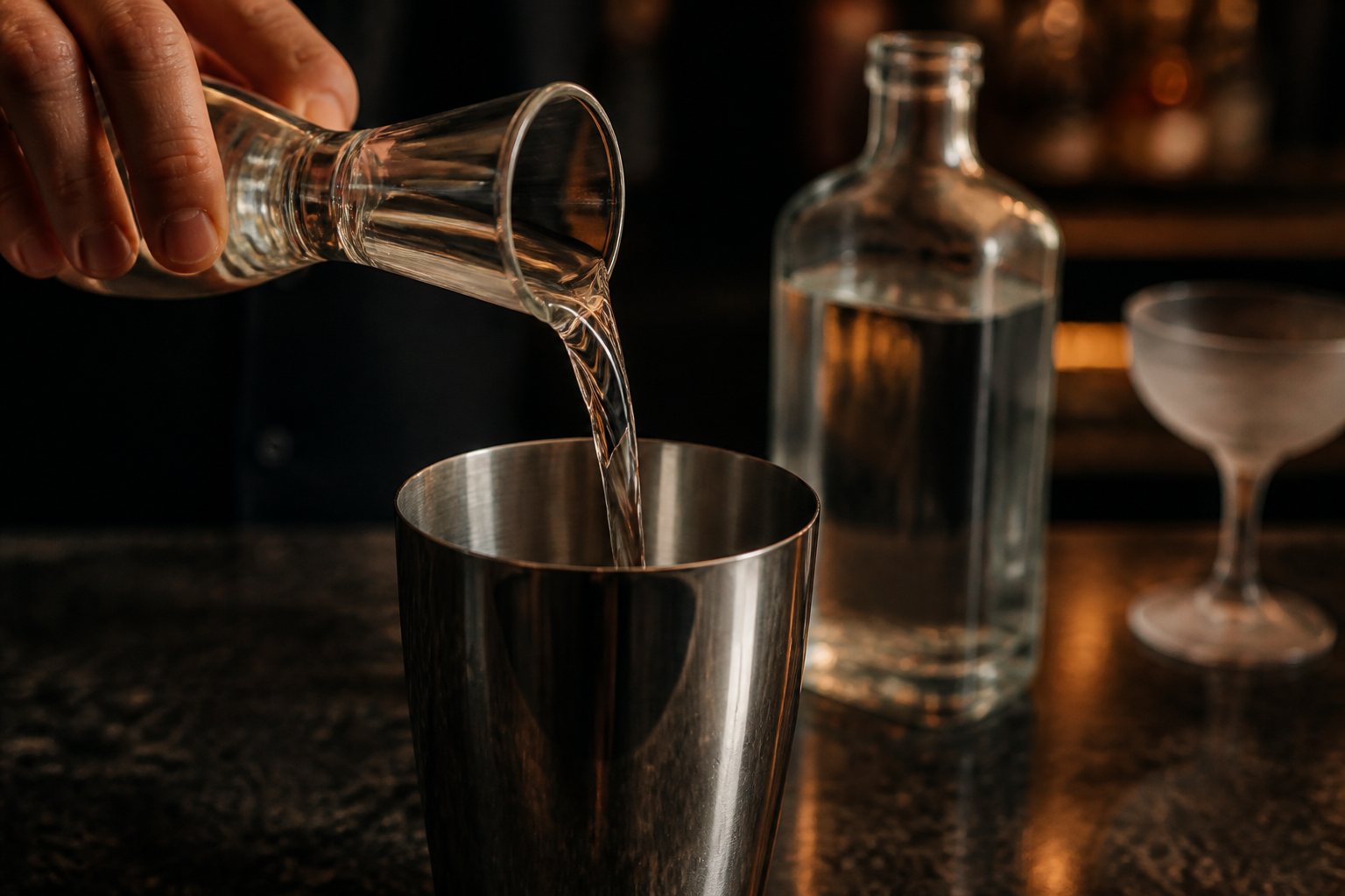 Medir el tequila para preparar Tequila Margarita Cocktail